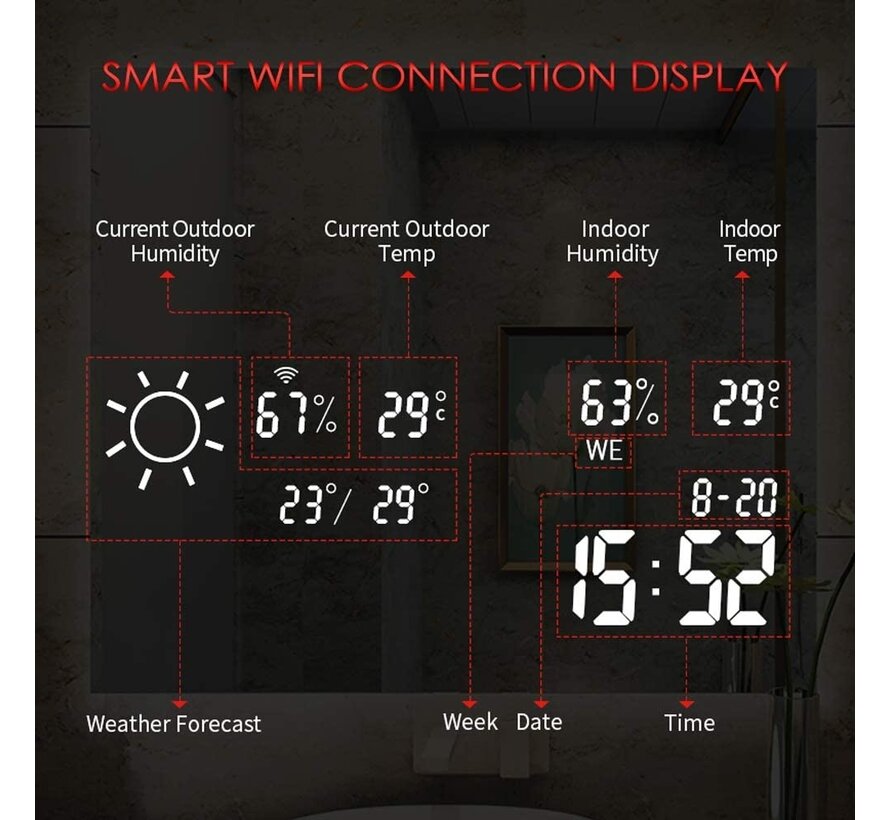 Spiegel met Wifi, tijd en infraroodverwarming 60 x 100 cm 350 Watt