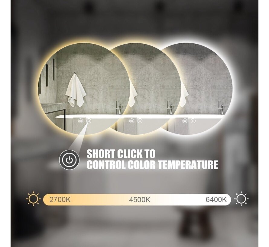 Spiegel rond 60 cm frameloos, rondom led verlichting en anti-condens