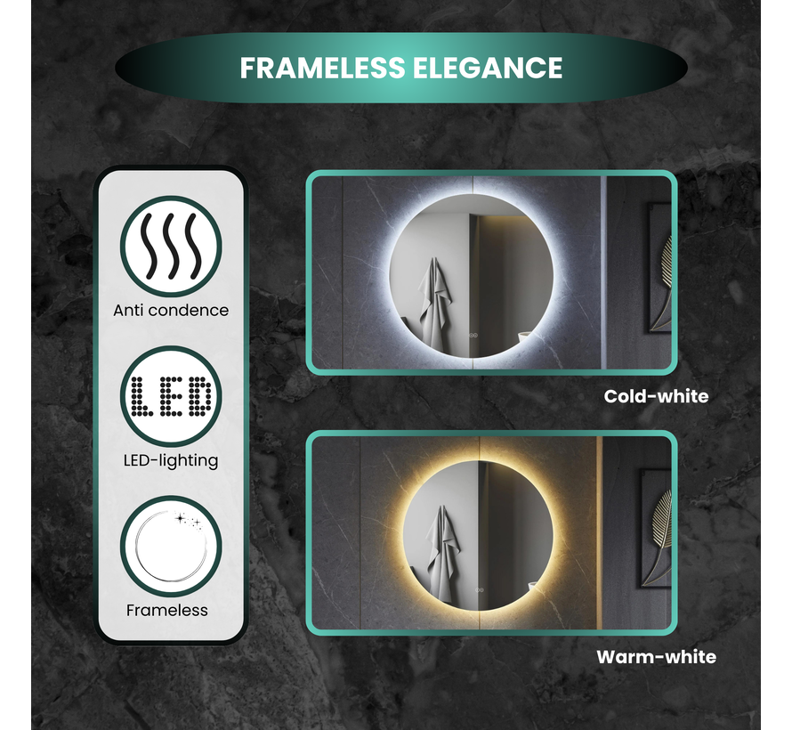 Spiegel rond 100 cm frameloos, rondom led verlichting en anti-condens