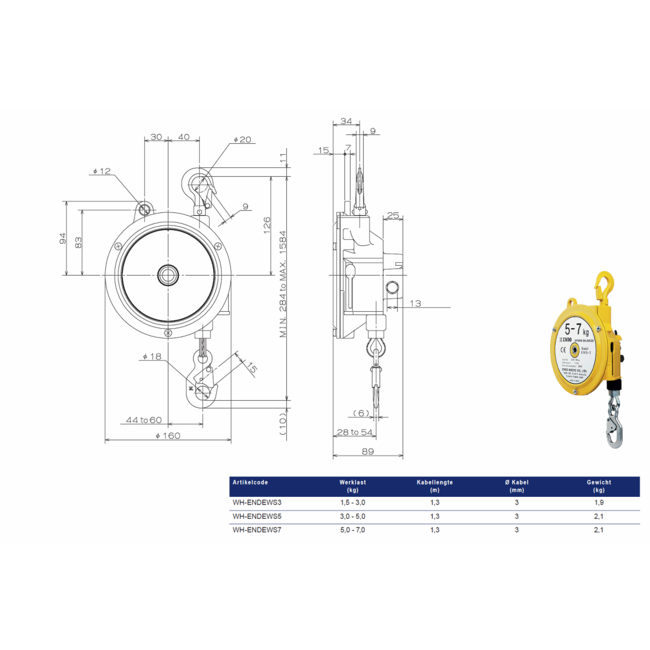 Endo EWS Veerbalancer 1,5-7 kg. -  kabellengte 1.3 mtr.