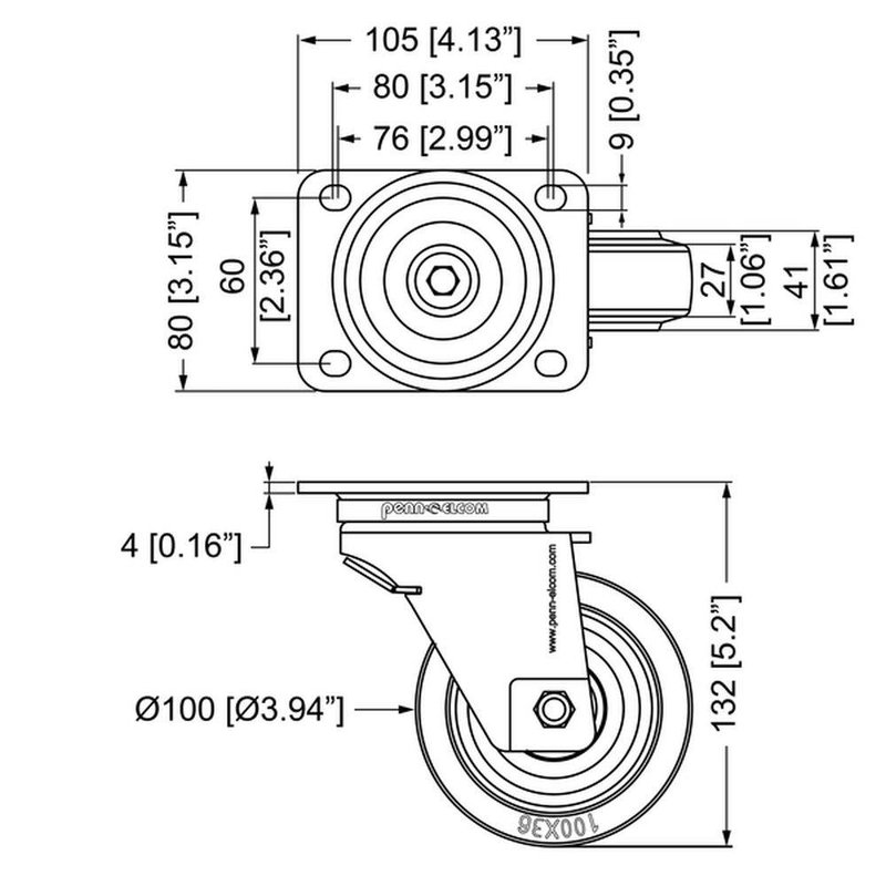 Automatic zwenkwiel met rem 100mm