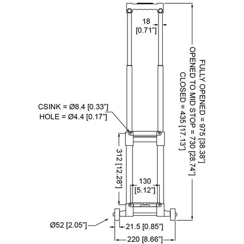 HG-4512 Uitschuifbaar opbouw trolley handvat met wielen 220mm
