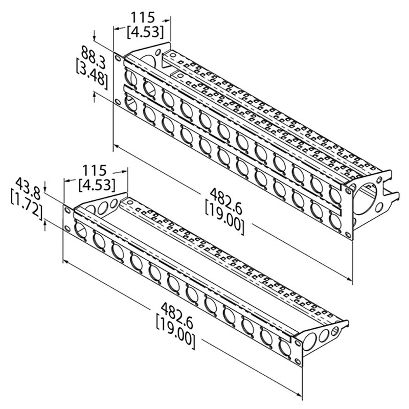 R2269/1UK/16 rackpaneel 16x D-hole 1HE met ID-strip & trekontlasting bar