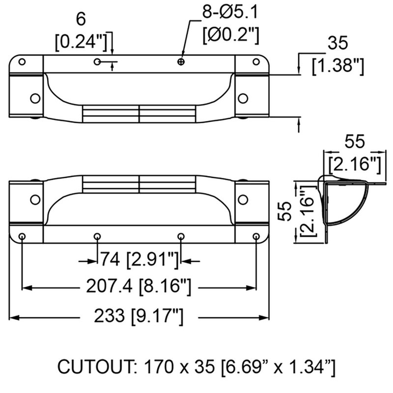 H2026z inbouw hoek handvat 233x55x55mm met verzet