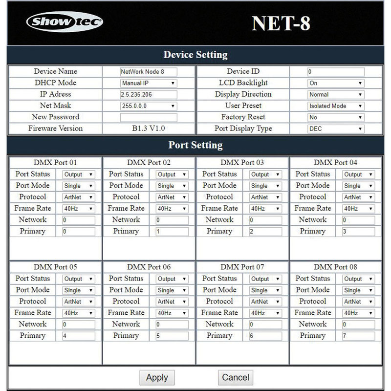 NET-8/5 8-kanaals Art-Net DMX converter 5p XLR