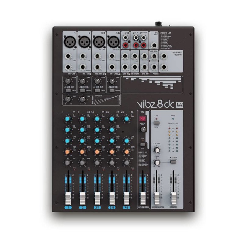 VIBZ 8DC 8-kanaals PA-mixer met effecten en compressor