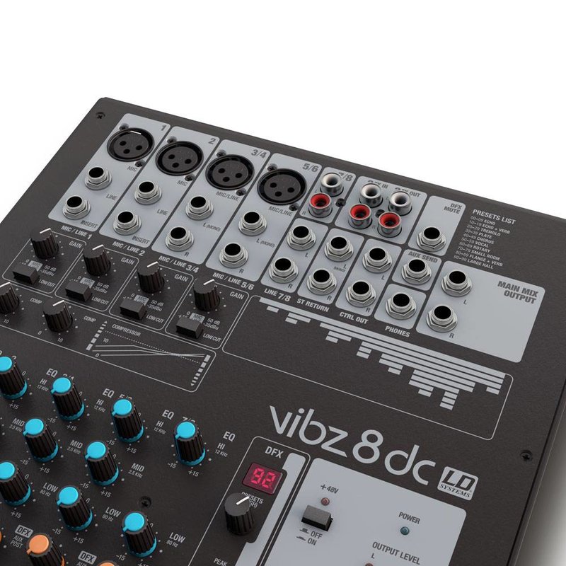 VIBZ 8DC 8-kanaals PA-mixer met effecten en compressor