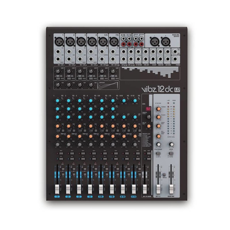LD Systems VIBZ 12DC 12-kanaals PA-mixer met effecten en compressor VIBZ 12DC 12-kanaals PA-mixer met effecten en compressor