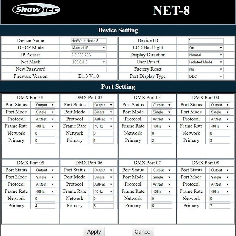 NET-8/3 8-kanaals Art-Net DMX converter 3p XLR