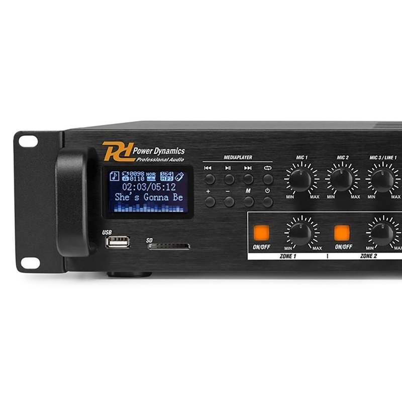 Power Dynamics PDV120MP3 100V zoneversterker, mixer & mediaspeler 120W PDV120MP3 100V zoneversterker, mixer & mediaspeler 120W
