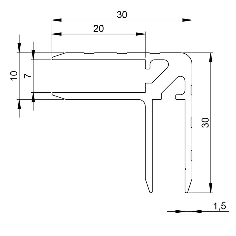 Aluminium casemaker hoekprofiel 7mm 30x30mm