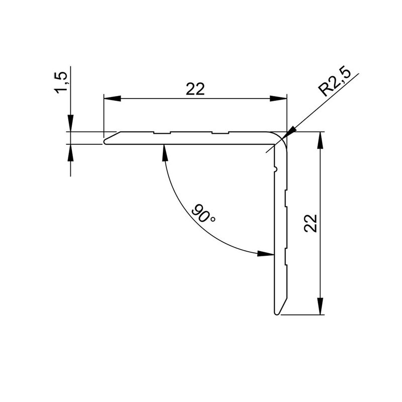 Aluminium hoekprofiel 22x22mm 1,5mm dik