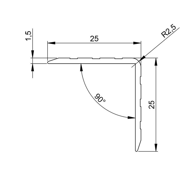 Aluminium hoekprofiel 25x25mm 1,5mm dik