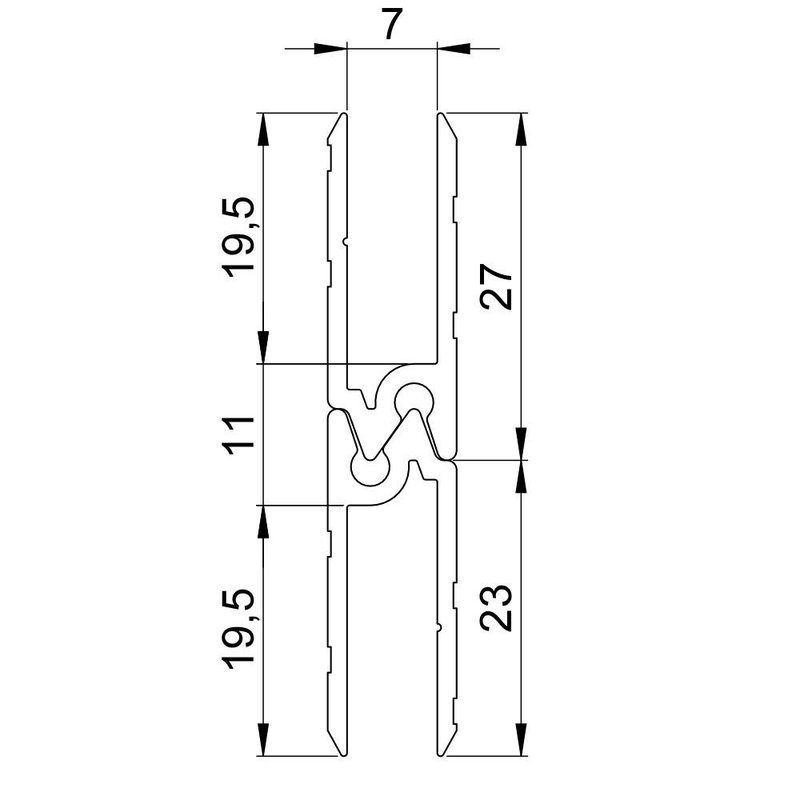 Aluminium omkeer sluitprofiel 7mm met sleuf