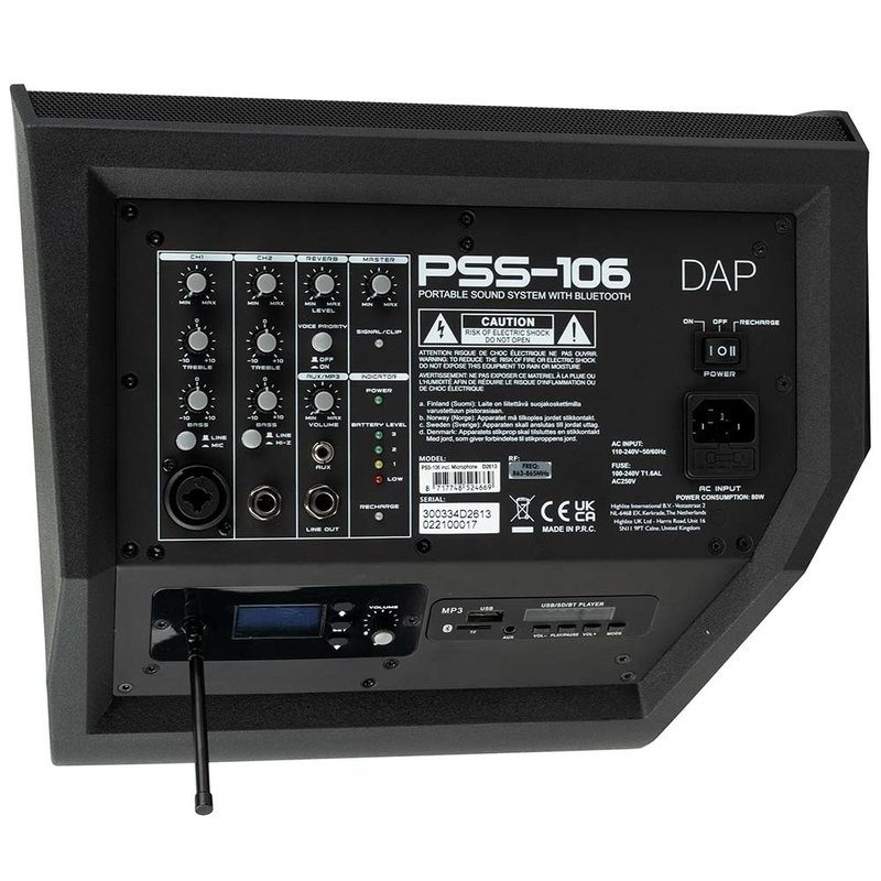 PSS-106 mobiele geluidsset op accu met draadloze microfoon, BT & MP3
