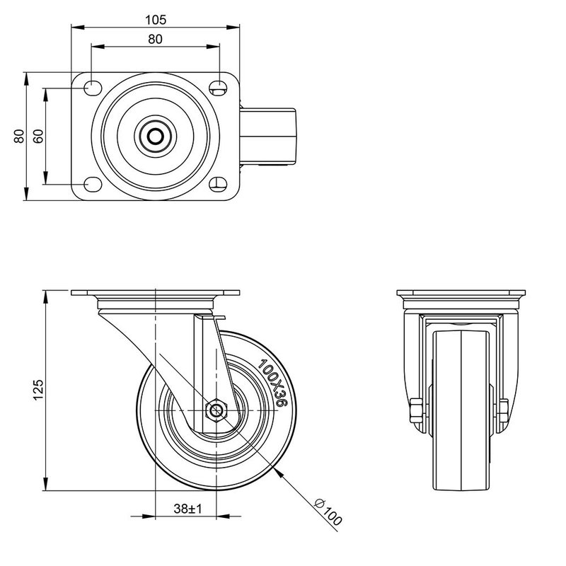372151 BLK zwenkwiel 100mm ongeremd zwart