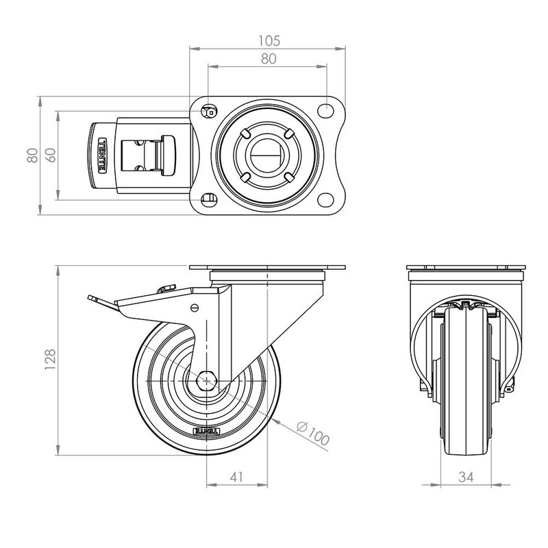 Tente Zwenkwiel met rem - blauw - Ø 100mm Zwenkwiel met rem - blauw - Ø 100mm