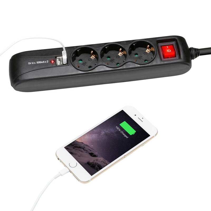 3-weg stroomverdeeldoos met schakelaar en USB-voeding