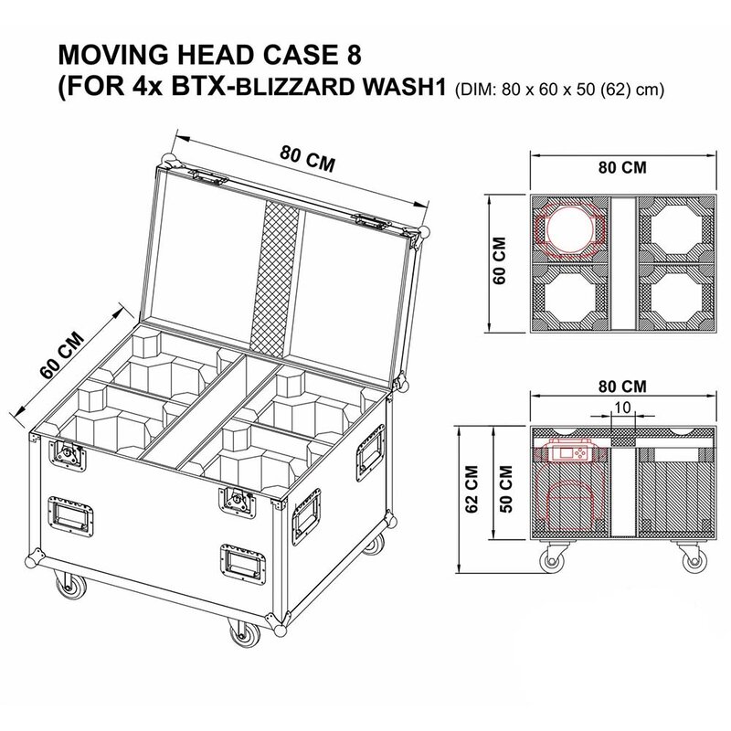 Moving head case 8 flightcase voor 4x BTX-Blizzard Wash1 of BTI-BLIZZARD WASH1