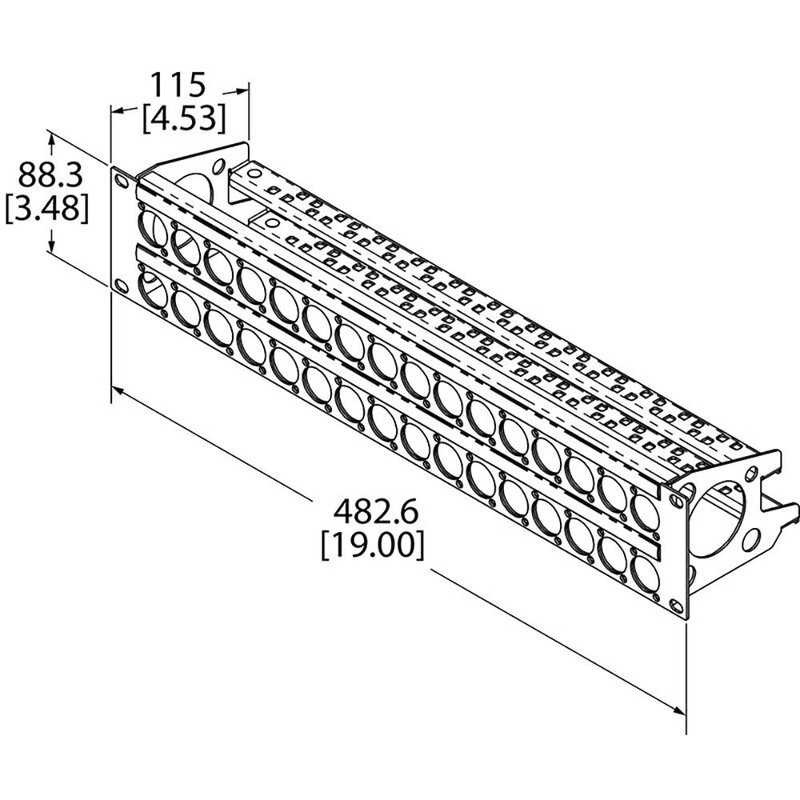 R2269/2UK/32 rackpaneel 32x D-hole 2HE met ID-strip & trekontlasting bar