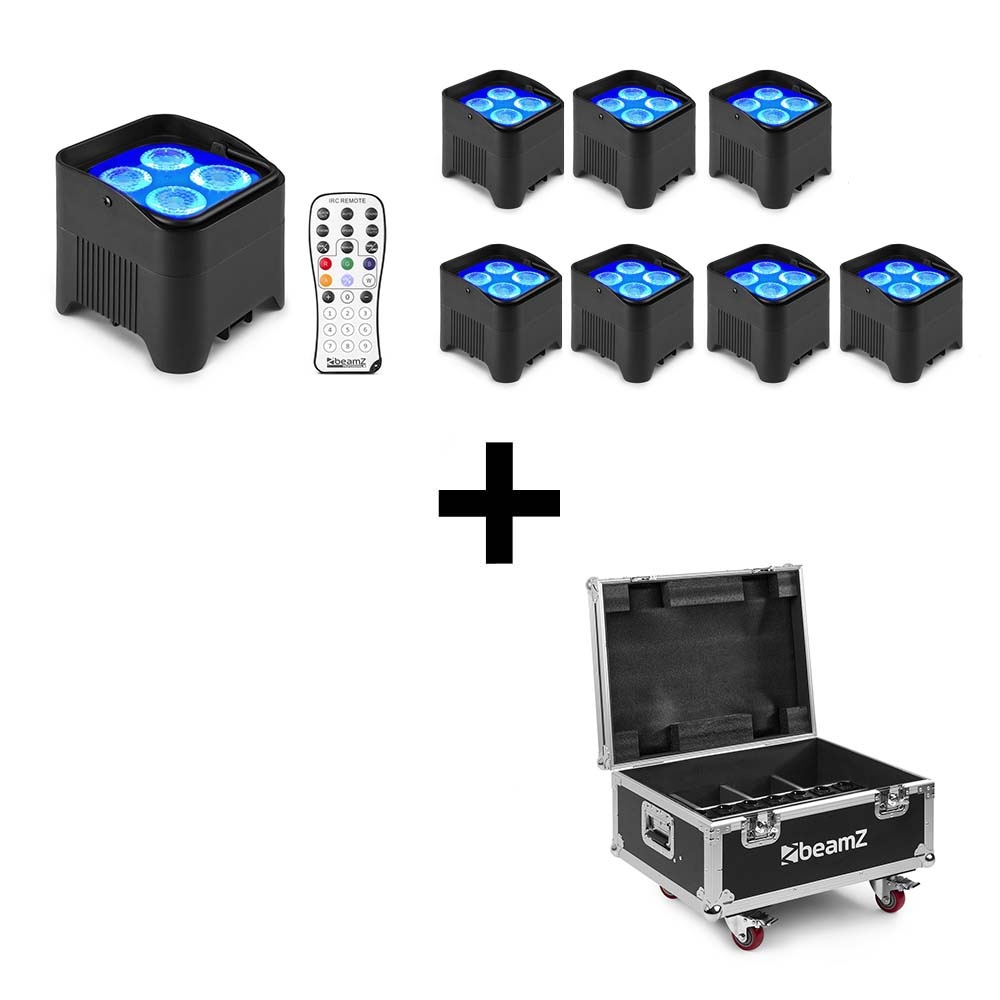 BeamZ 8x BBP94W verticale LED par op accu RGBWA+UV WDMX + Beamz FCC9 flightcase afbeelding