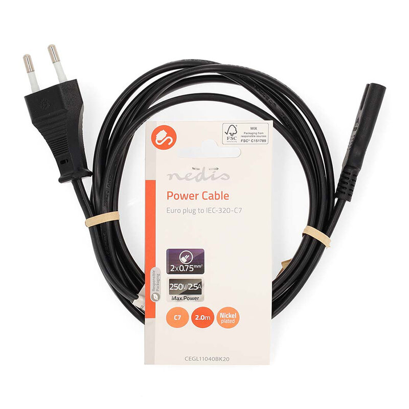 Voedingskabel platte stekker naar C7 2 m