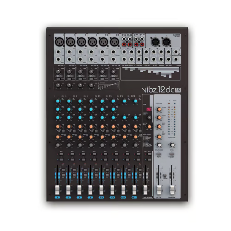 VIBZ 12DC 12-kanaals PA-mixer met effecten en compressor
