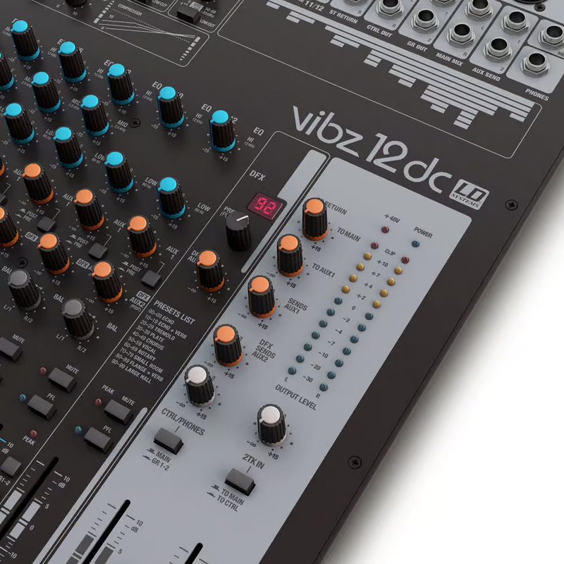 VIBZ 12DC 12-kanaals PA-mixer met effecten en compressor