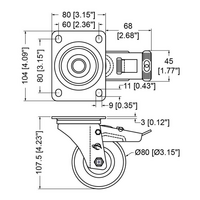 Zwenkwiel met rem 80mm