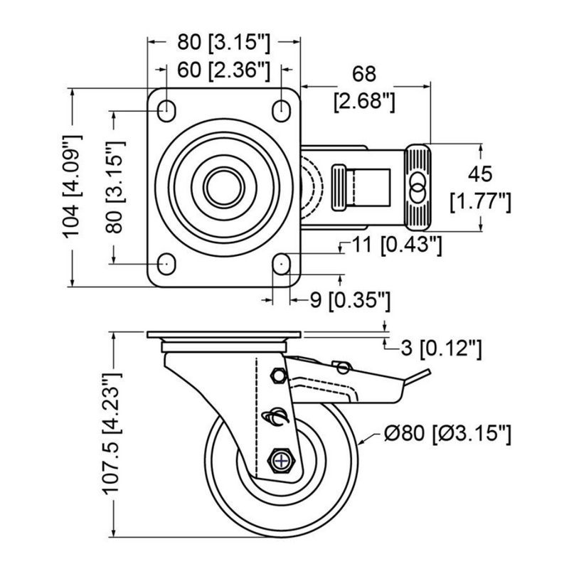 Zwenkwiel met rem 80mm