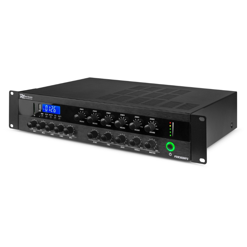Power Dynamics PDW360MP3 6-zoneversterker 360W/100V met FM, USB, BT & MP3 PDW360MP3 6-zoneversterker 360W/100V met FM, USB, BT & MP3