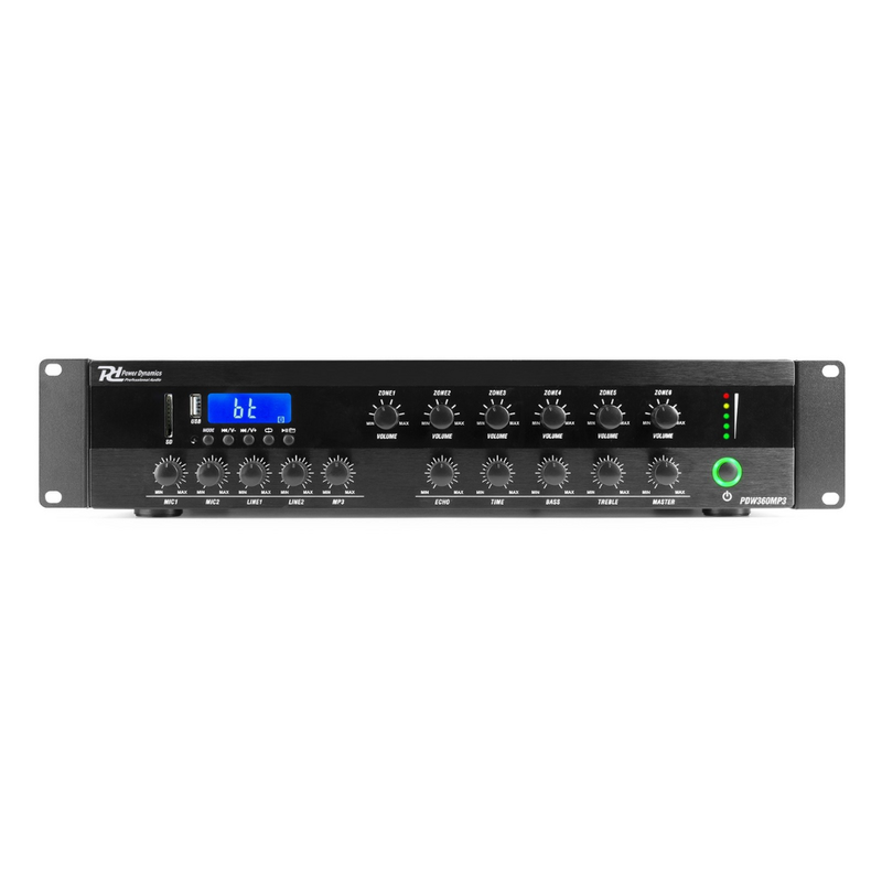 Power Dynamics PDW360MP3 6-zoneversterker 360W/100V met FM, USB, BT & MP3 PDW360MP3 6-zoneversterker 360W/100V met FM, USB, BT & MP3