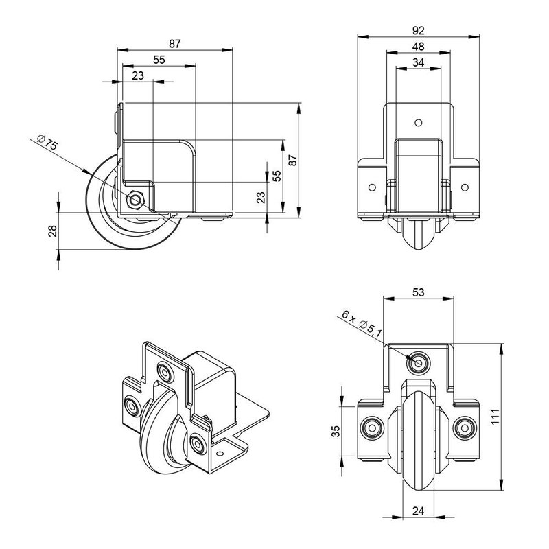 37551S Inbouw flightcase wiel
