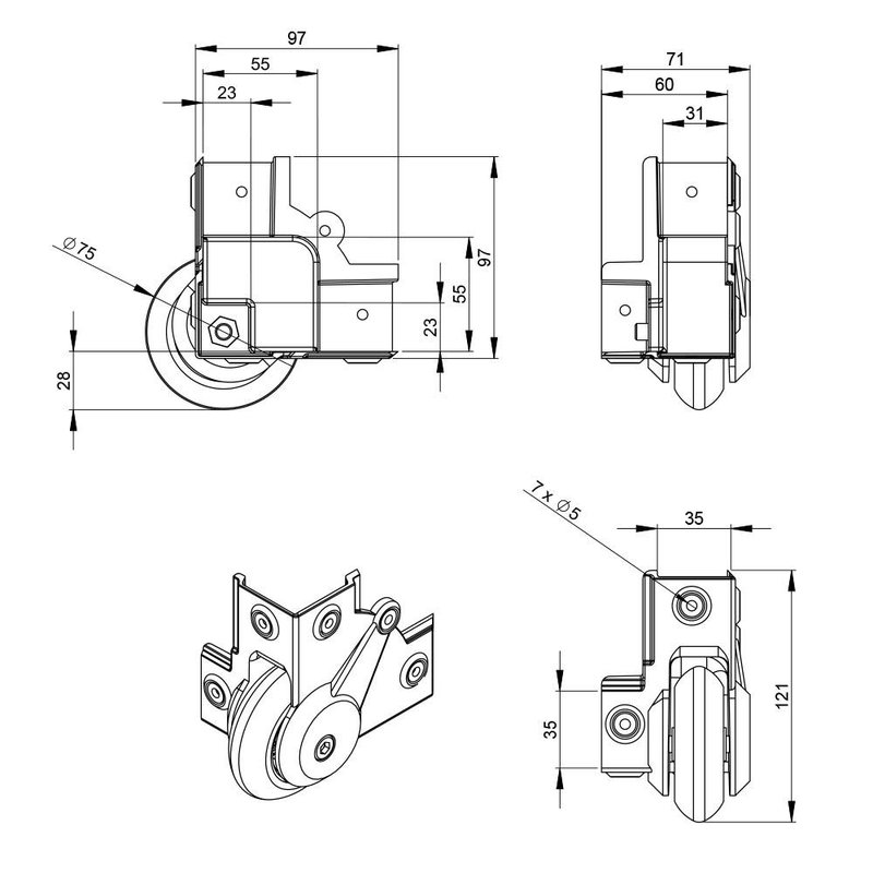 37451S Inbouw flightcase hoekwiel
