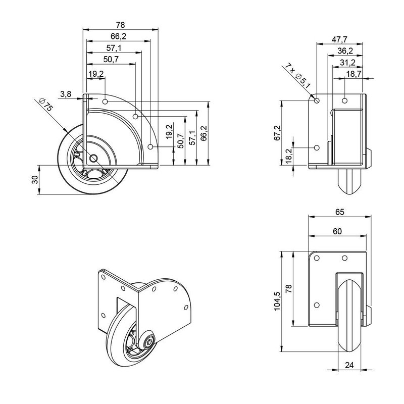 37450S Inbouw flightcase hoekwiel