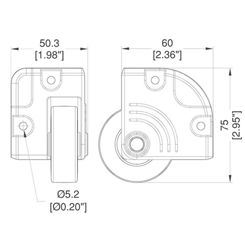 Inbouw hoekwiel grijs 50mm