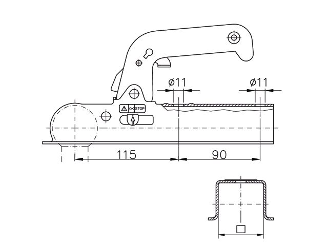 Winterhoff WW8 - koker 30 mm - 800 kg - ongeremde koppeling technische tekening