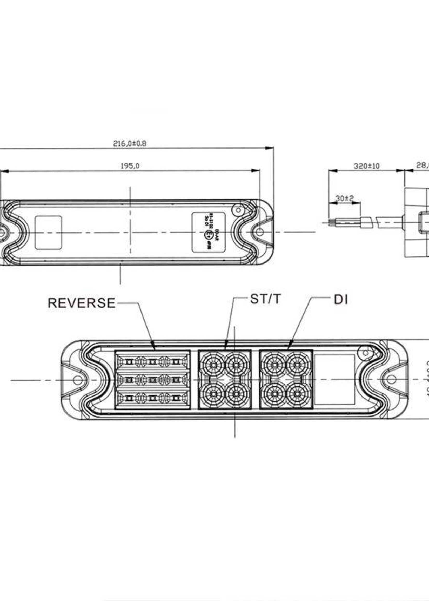 Cantonal Achterlicht LED links/rechts 216x49,4x28 mm - 4 functies - losse draad aansluiting
