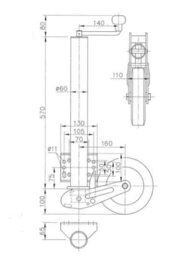 Winterhoff opklapbaar Neuswiel aanhanger (rond 60 mm) Extra lang - technische tekening