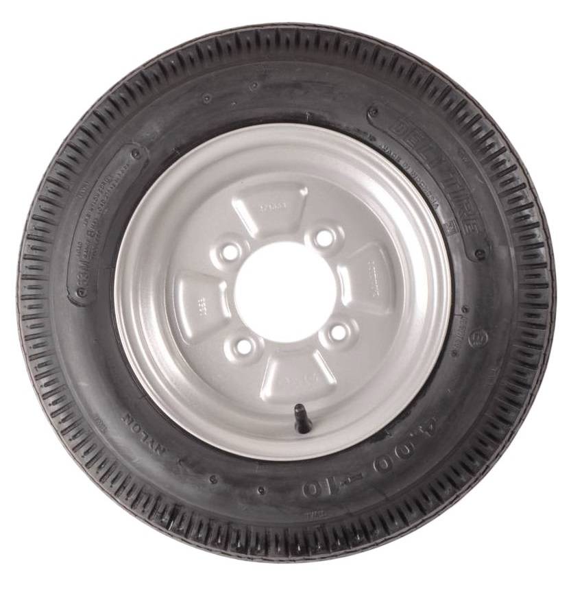 Compleet wiel - 4.00-10 band + velg - franse steek: 4x115 - draagvermogen 275 kg - 4PR - naafdiameter 85 mm