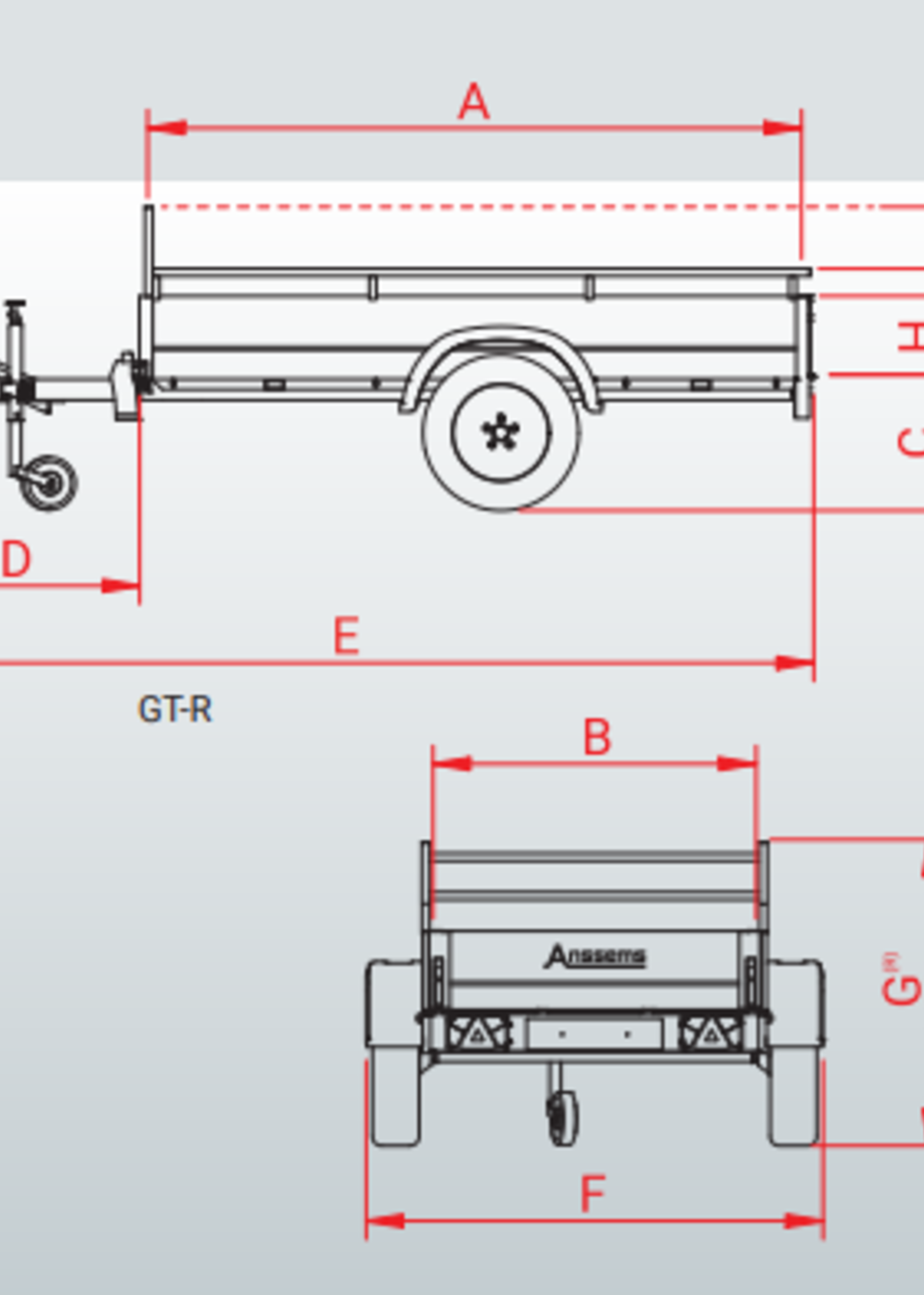 Anssems Anssems GTB 1200 R bakwagen - 1200 kg bruto laadvermogen - 251x126 cm laadoppervlak - geremd - inclusief reling en voorrek