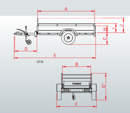 Anssems GTB 1200 R bakwagen - 1200 kg bruto laadvermogen - 301x126 cm laadoppervlak - geremd - inclusief reling en voorrek