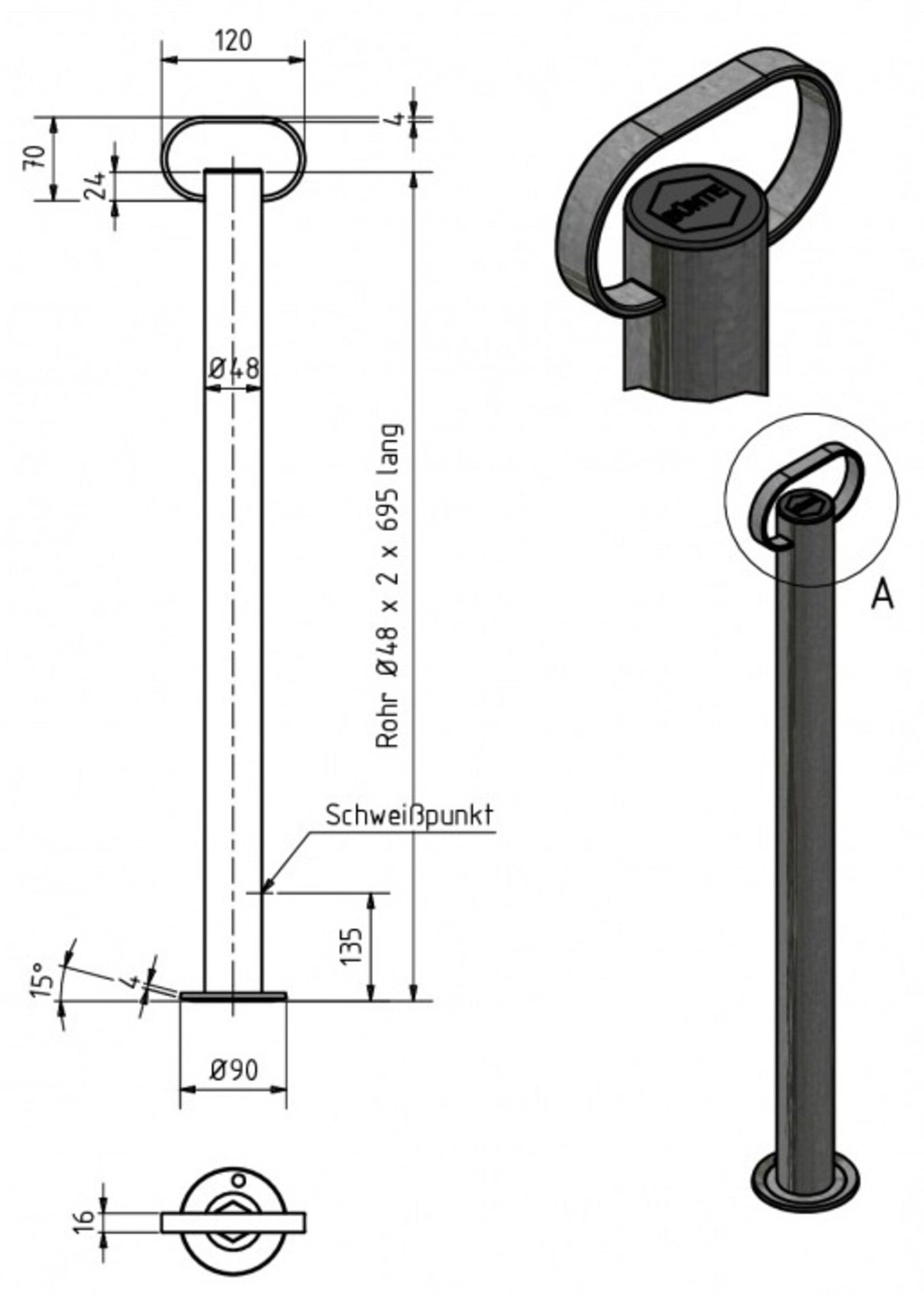 Cantonal Premium stalen steunpoot met handvat - 700 mm hoog - 48 mm buisdiameter