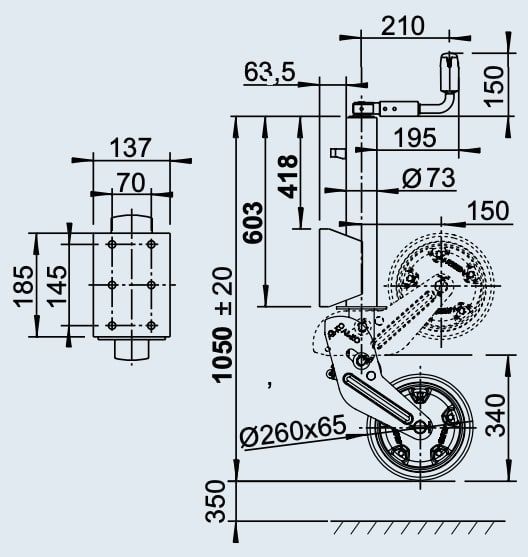 Extra lang AL-KO opklapbaar neuswiel - 73 mm - 800 kg technische tekening