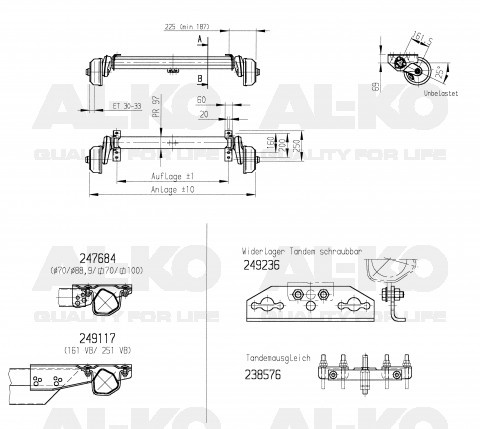 Geremde torsie as - 1350 kg - padmaat 1100 mm - flensmaat 1550 mm - 5 gats technische tekening