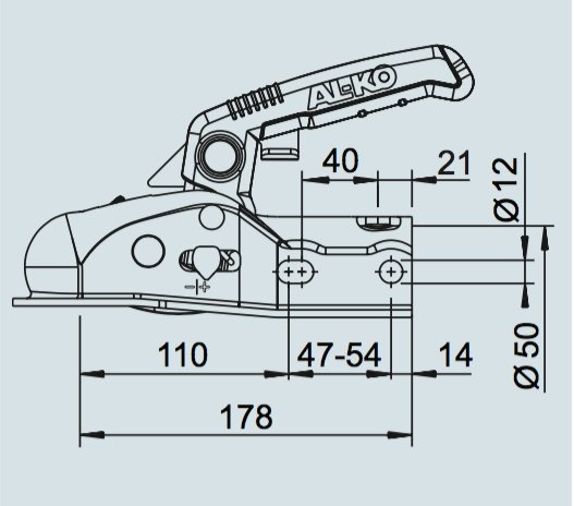 AL-KO AK161 - rond 50 mm - 1600 kg - geremde koppeling technische tekening