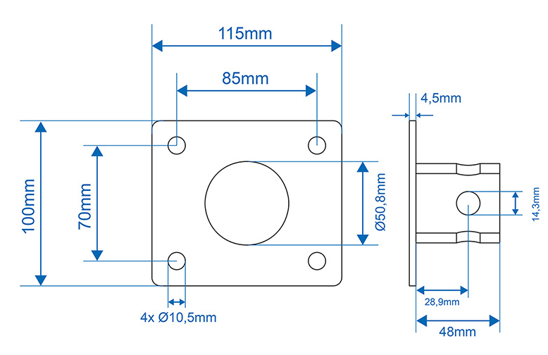 Flens/bevestigingsplaat voor 2019520  Geschikt voor: kantelbare en uitdraaibare steunpoot - 57 mm buis - 1000 kg  Exclusief: steunpoot (eenvoudig hieronder mee te bestellen)  Zoekwoorden: Steunpoot, Parkeersteun, Steunpoten, Parkeersteunen, Bevestigingsplaten  Technische tekening