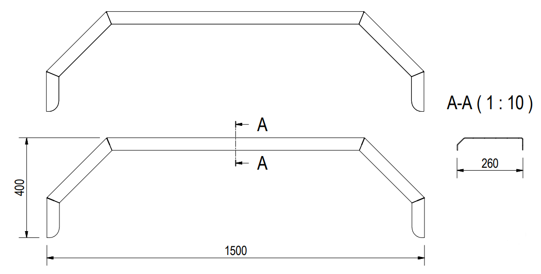 Spatbord aluminium tandem 5-kant 1500x260x400 mm - technische tekening