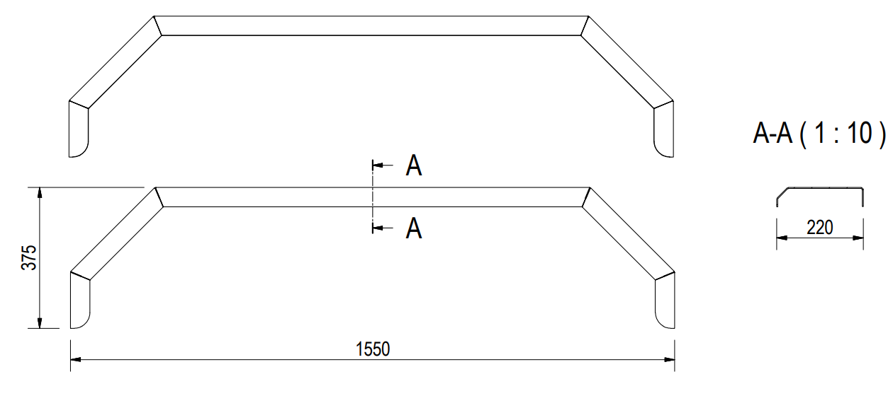 Spatbord aluminium tandem 5-kant 1550x220x375 mm - technische tekening