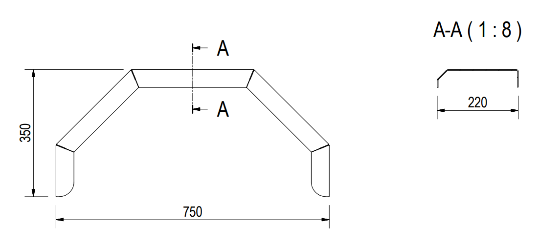 Spritzschutz 5-seitig - 750x220x350 mm - technische Zeichnung